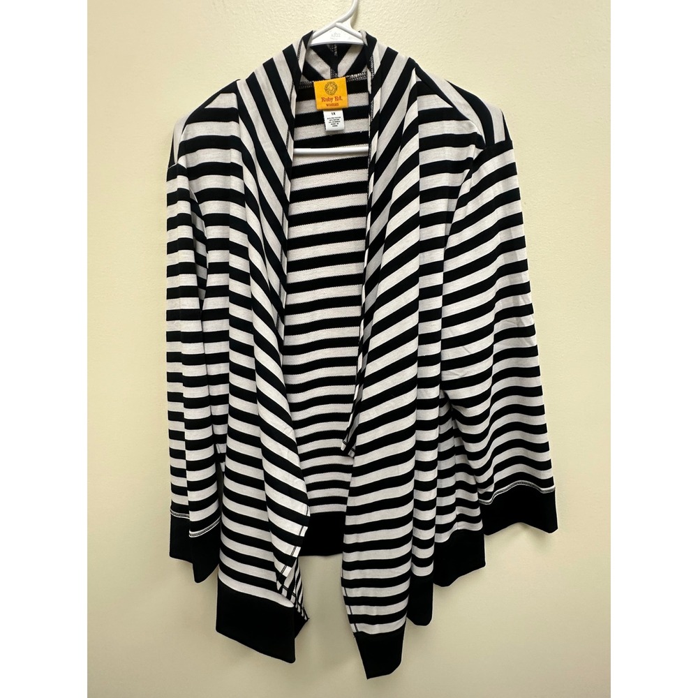 Ruby Rd Woman Black White Striped Open Front Draped Waterfall Cardigan 1X